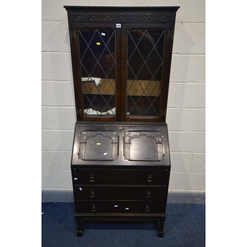 1407 - A DARK OAK BUREAU BOOKCASE, width 76cm x depth 42cm x height 182cm (keys faulty, top section locked)