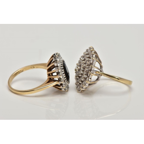 147 - TWO 9CT GOLD DRESS RINGS, the first a cubic zirconia cluster ring, ring size K, the second designed ... 