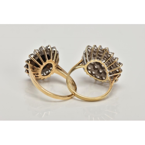 147 - TWO 9CT GOLD DRESS RINGS, the first a cubic zirconia cluster ring, ring size K, the second designed ... 