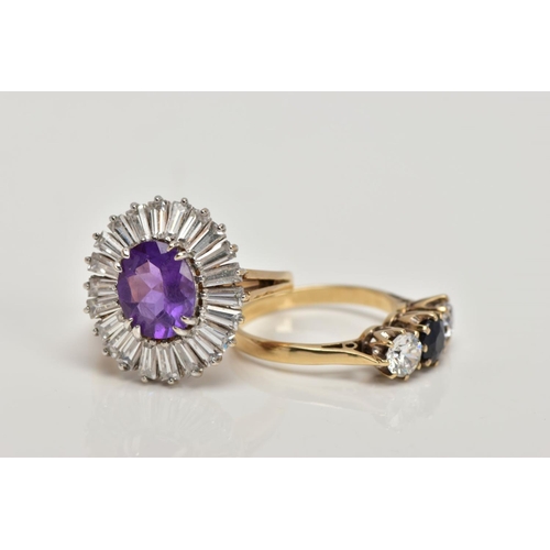 148 - TWO 9CT GOLD DRESS RINGS, the first an amethyst and cubic zirconia cluster ring, ring size M ½, the ... 