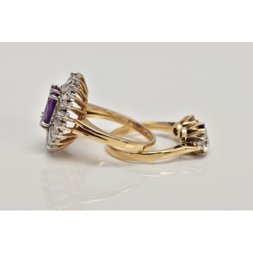 148 - TWO 9CT GOLD DRESS RINGS, the first an amethyst and cubic zirconia cluster ring, ring size M ½, the ... 