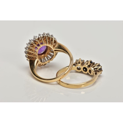 148 - TWO 9CT GOLD DRESS RINGS, the first an amethyst and cubic zirconia cluster ring, ring size M ½, the ... 