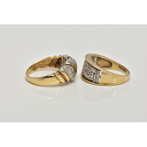 150 - TWO 9CT GOLD DIAMOND SET RINGS, the first a tapered wide band ring with diamond set Greek key patter... 