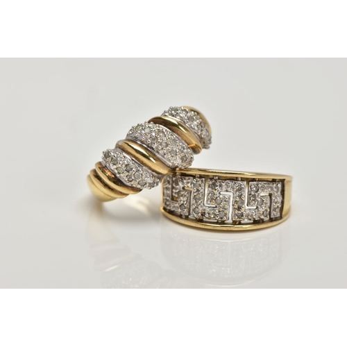 150 - TWO 9CT GOLD DIAMOND SET RINGS, the first a tapered wide band ring with diamond set Greek key patter... 