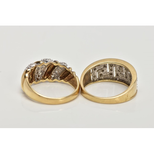 150 - TWO 9CT GOLD DIAMOND SET RINGS, the first a tapered wide band ring with diamond set Greek key patter... 