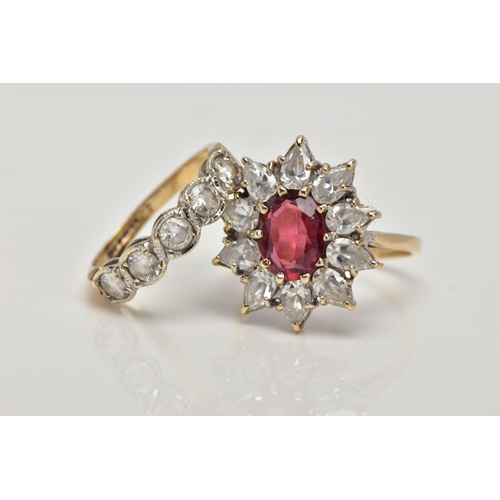 151 - TWO 9CT GOLD DRESS RINGS, the first designed with a central oval garnet within a colourless cubic zi... 