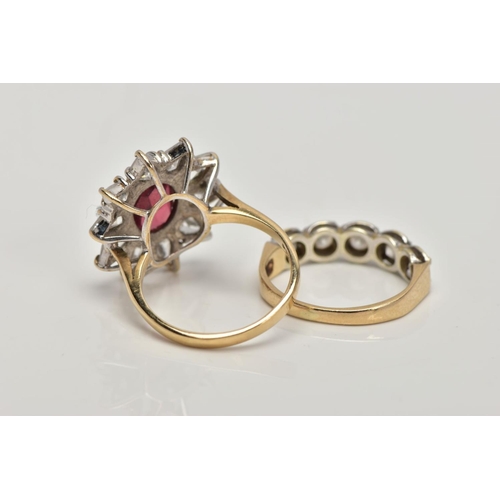 151 - TWO 9CT GOLD DRESS RINGS, the first designed with a central oval garnet within a colourless cubic zi... 