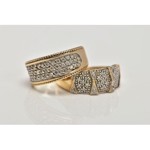 152 - TWO 9CT GOLD RINGS, the first pave set with single cut diamonds to the front half of the ring, ring ... 