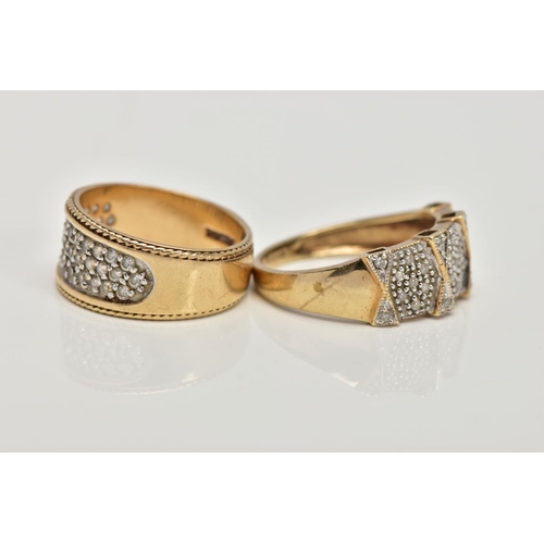 152 - TWO 9CT GOLD RINGS, the first pave set with single cut diamonds to the front half of the ring, ring ... 