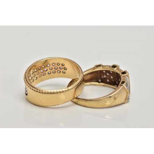 152 - TWO 9CT GOLD RINGS, the first pave set with single cut diamonds to the front half of the ring, ring ... 