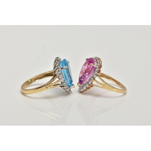 154 - TWO 9CT GOLD GEM RINGS, the first designed as a central pear shape blue topaz within a single cut di... 