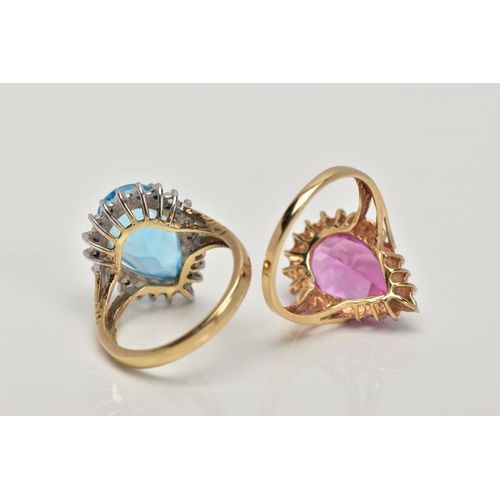 154 - TWO 9CT GOLD GEM RINGS, the first designed as a central pear shape blue topaz within a single cut di... 