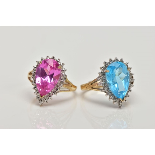 154 - TWO 9CT GOLD GEM RINGS, the first designed as a central pear shape blue topaz within a single cut di... 