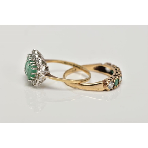 155 - TWO 9CT GOLD EMERALD AND CUBIC ZIRCONIA RINGS, the first designed as a row of three oval cut emerald... 