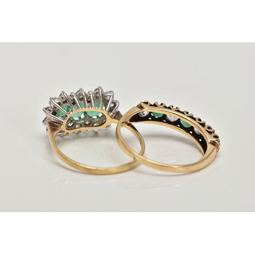 155 - TWO 9CT GOLD EMERALD AND CUBIC ZIRCONIA RINGS, the first designed as a row of three oval cut emerald... 