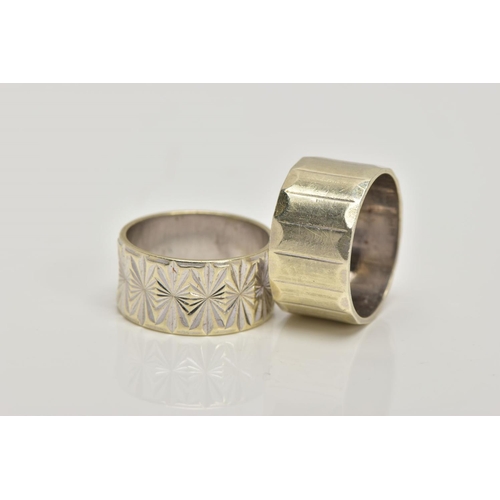 157 - TWO 1960'S 9CT GOLD BAND RINGS, the first with engraved vertical banded design, the second with repe... 