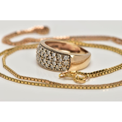 158 - A 9CT GOLD RING AND CHAIN NECKLACE, the band ring pave set with circular cubic zirconia to the front... 