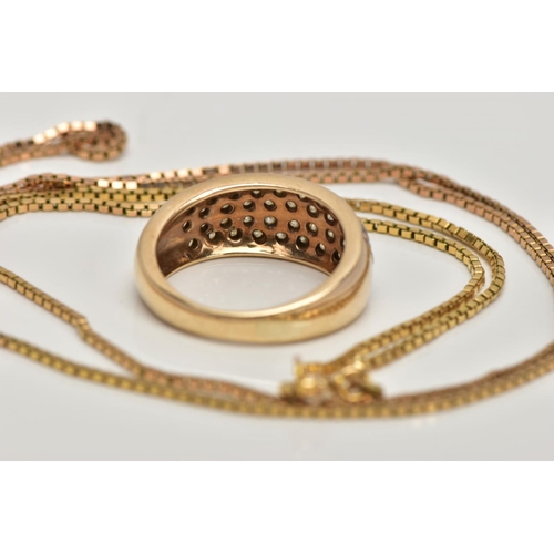 158 - A 9CT GOLD RING AND CHAIN NECKLACE, the band ring pave set with circular cubic zirconia to the front... 