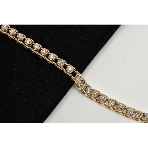 171 - A 9CT GOLD DIAMOND LINE BRACELET, each brilliant cut diamond within a four claw setting, to the push... 