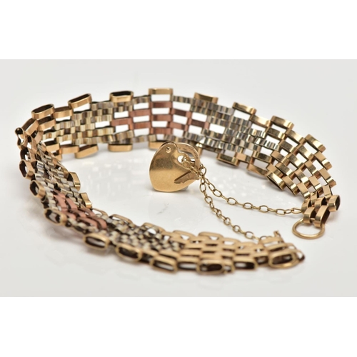 173 - A 9CT GOLD TRI-COLOUR GATE BRACELET, the gate bracelet designed with yellow, white and rose gold lin... 