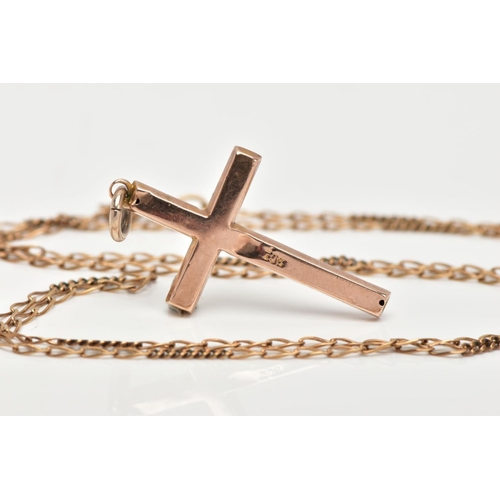 174 - A 9CT GOLD AF CHAIN WITH A YELLOW METAL CROSS PENDANT, broken fetter chain fitted with a spring clas... 