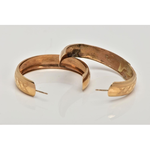 179 - A PAIR OF 9CT GOLD HOOP EARRINGS, (one damaged) engraved detail, post fittings missing scrolls, hall... 