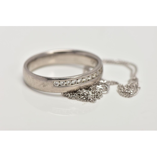 189 - A WHITE METAL DIAMOND RING AND A WHITE METAL CHAIN, plain polished band with a row of round brillian... 