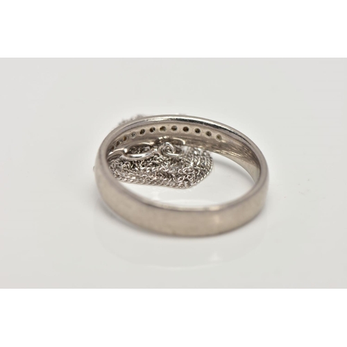 189 - A WHITE METAL DIAMOND RING AND A WHITE METAL CHAIN, plain polished band with a row of round brillian... 