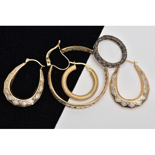 190 - A PAIR OF YELLOW METAL HOOP EARRINGS, TWO SINGLE EARRINGS AND A RING, to include a pair of bi-colour... 