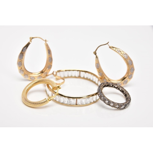 190 - A PAIR OF YELLOW METAL HOOP EARRINGS, TWO SINGLE EARRINGS AND A RING, to include a pair of bi-colour... 