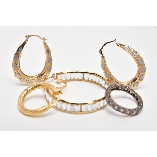 190 - A PAIR OF YELLOW METAL HOOP EARRINGS, TWO SINGLE EARRINGS AND A RING, to include a pair of bi-colour... 