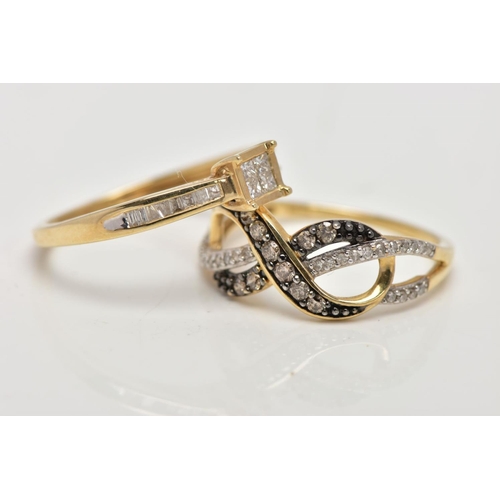 194 - TWO 9CT GOLD DIAMOND DRESS RINGS, the first designed as a central square of four princess cut diamon... 