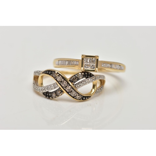 194 - TWO 9CT GOLD DIAMOND DRESS RINGS, the first designed as a central square of four princess cut diamon... 