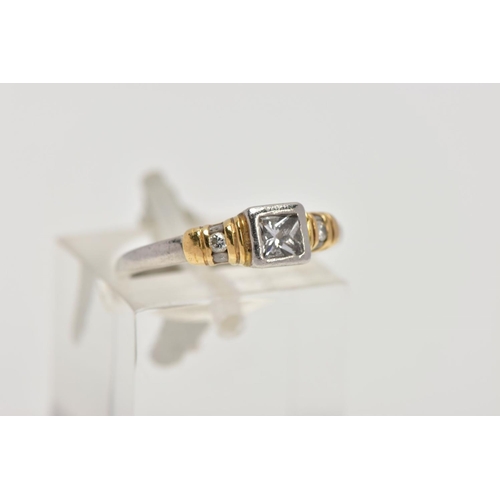 195 - A BI-COLOUR DIAMOND DRESS RING, designed as a central princess cut diamond within a square collet mo... 