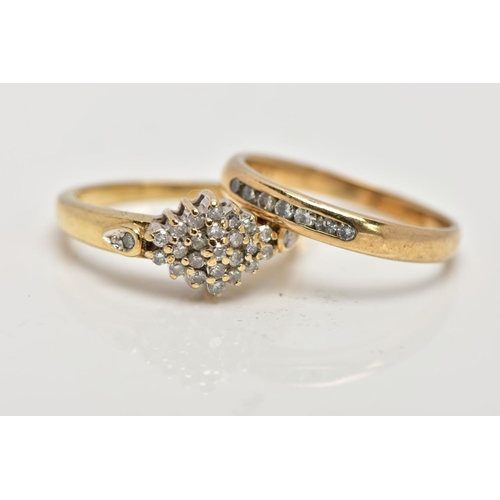 196 - TWO 9CT GOLD DIAMOND SET RINGS, the first designed as a marquise shape single cut diamond cluster wi... 