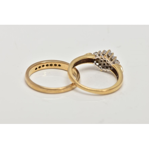 196 - TWO 9CT GOLD DIAMOND SET RINGS, the first designed as a marquise shape single cut diamond cluster wi... 