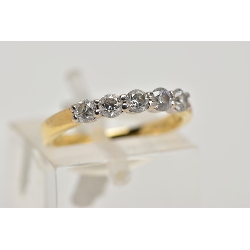 197 - AN 18CT FIVE STONE DIAMOND RING, designed as a row of five brilliant cut diamonds to the plain band,... 