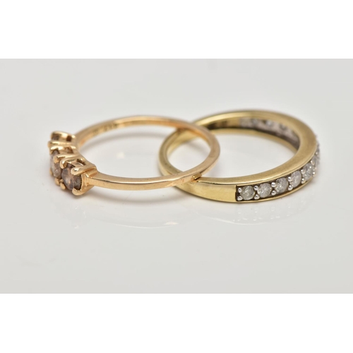 200 - TWO 9CT GOLD DIAMOND SET RINGS, the first a three stone brilliant cut diamond ring with champagne co... 