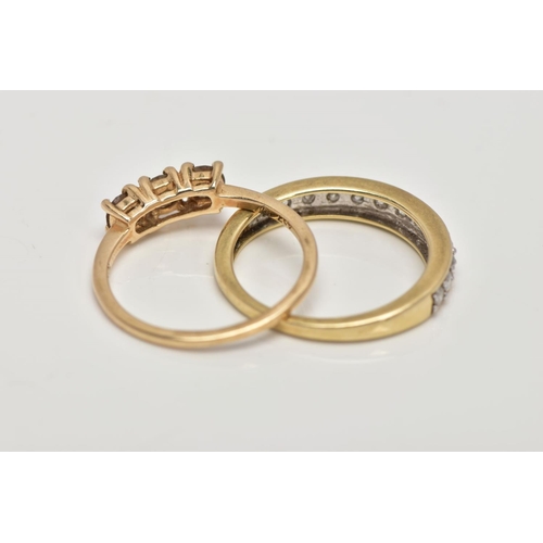 200 - TWO 9CT GOLD DIAMOND SET RINGS, the first a three stone brilliant cut diamond ring with champagne co... 