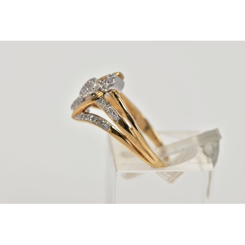 204 - A 9CT GOLD DIAMOND SET RING, designed as a tapered trifurcated band partly set with single cut diamo... 