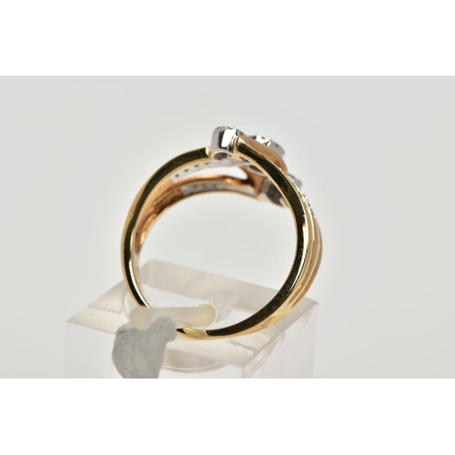 204 - A 9CT GOLD DIAMOND SET RING, designed as a tapered trifurcated band partly set with single cut diamo... 