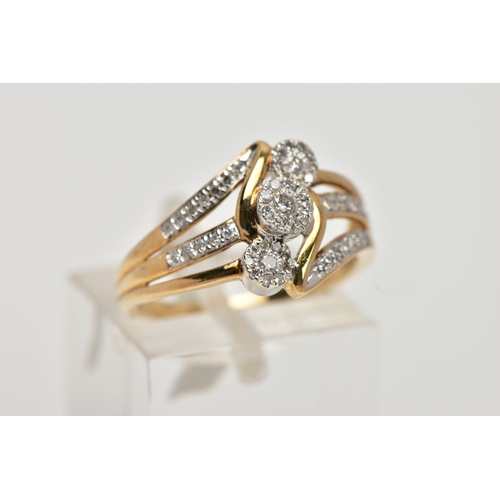 204 - A 9CT GOLD DIAMOND SET RING, designed as a tapered trifurcated band partly set with single cut diamo... 