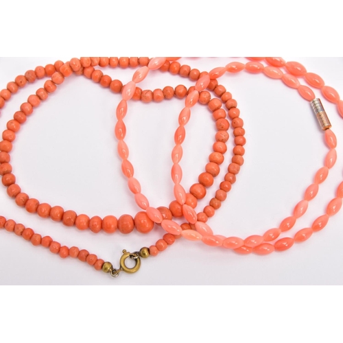 207 - TWO CORAL BEAD NECKLACES, the first a row of graduated spherical coral beads measuring approximately... 