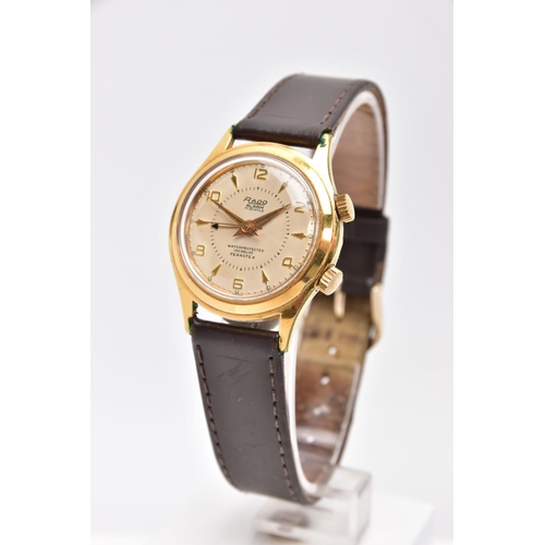 208 - A VINTAGE RADO ALARM WRISTWATCH, the circular head with cream face and gold coloured numbers, batons... 