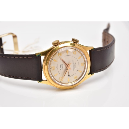 208 - A VINTAGE RADO ALARM WRISTWATCH, the circular head with cream face and gold coloured numbers, batons... 