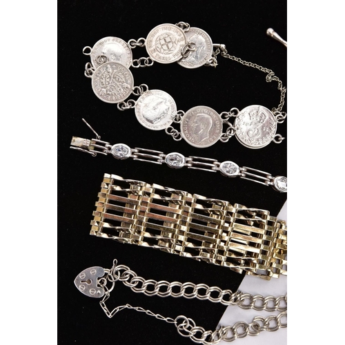 213 - A PARCEL OF SILVER BRACELETS, to include a wide gate bracelet, fitted with a heart clasp and an addi... 