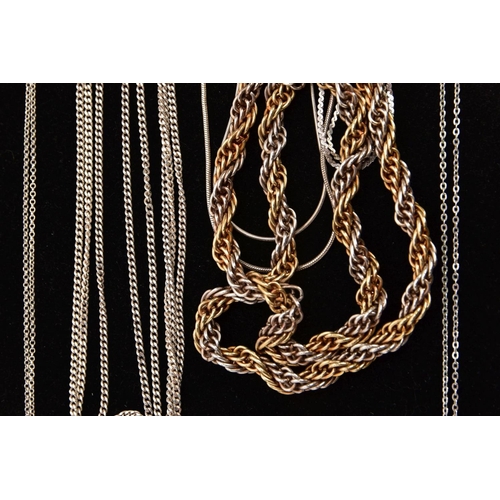 214 - A PARCEL OF SILVER AND WHITE METAL CHAINS, to include a heavy bi-colour rope twist chain, fitted wit... 