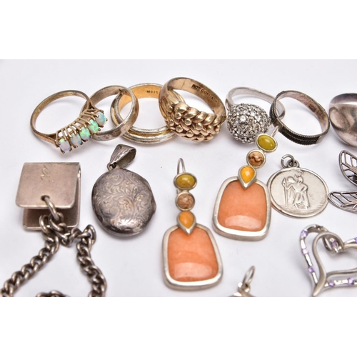 218 - A SELECTION OF SILVER AND WHITE METAL JEWELLERY, to include ten rings, a pair of gem set drop earrin... 