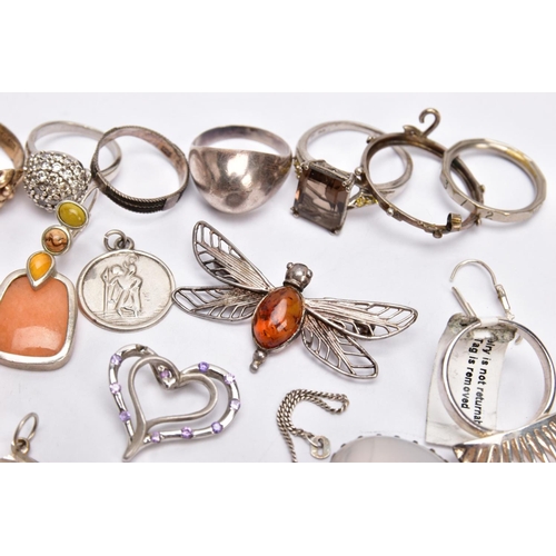 218 - A SELECTION OF SILVER AND WHITE METAL JEWELLERY, to include ten rings, a pair of gem set drop earrin... 