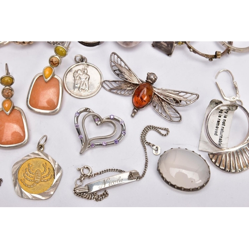 218 - A SELECTION OF SILVER AND WHITE METAL JEWELLERY, to include ten rings, a pair of gem set drop earrin... 